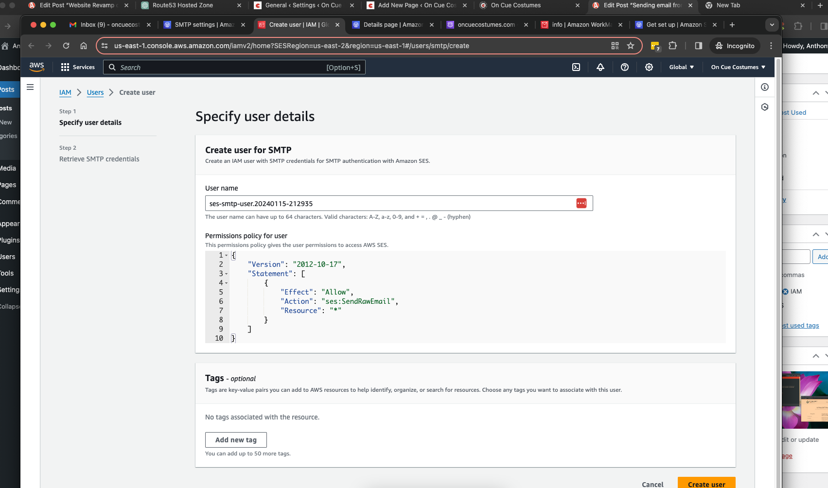 creating a new IAM user for SMTP