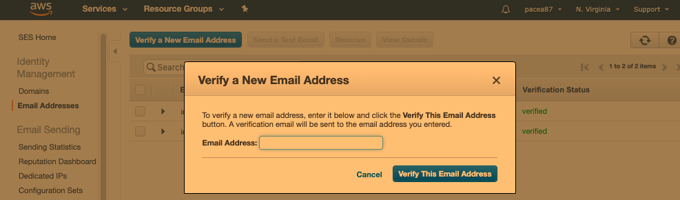 verify a new email in AWS