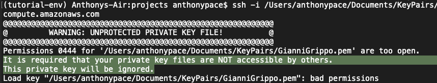 Bad permissions warning against a pem key file in the CLI