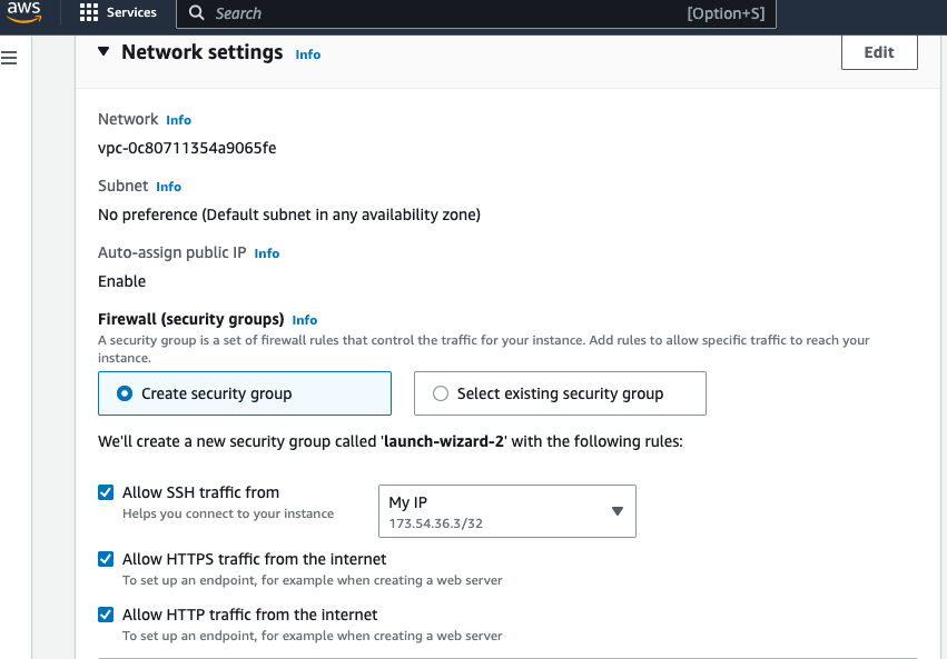 AWS Network settings screen