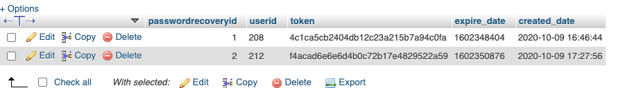 password recovery database table