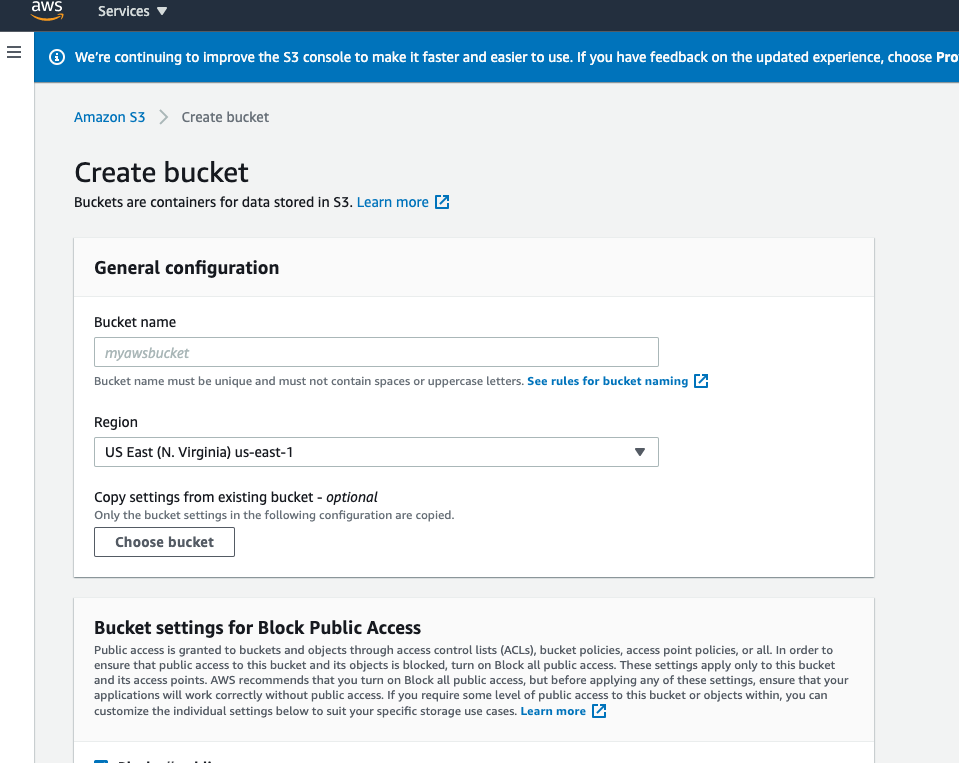 create new s3 bucket