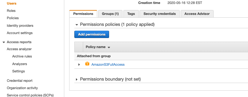 IAM user in AWS with permissions for S3