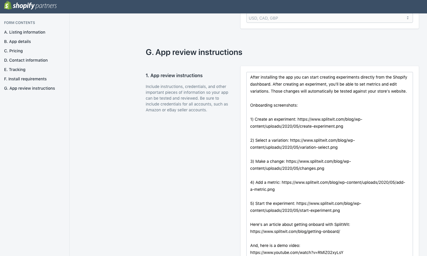 app review instructions in the app listing section of Shopify