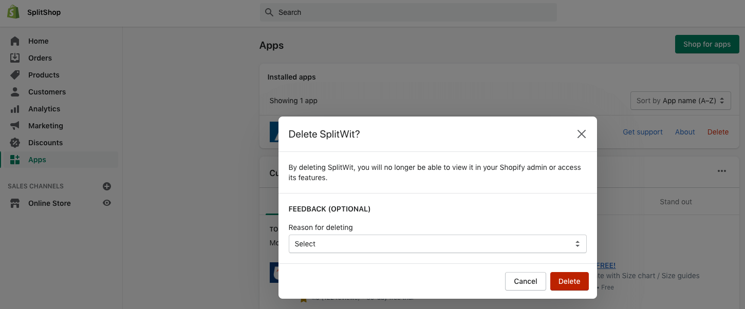 delete shopify app