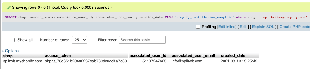 shopify installation record in a mysql database table