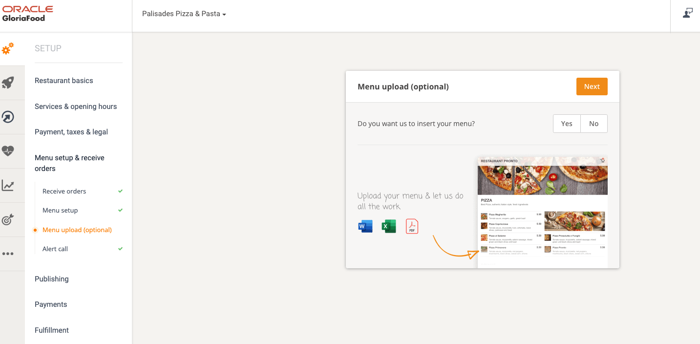 GloriaFood admin panel