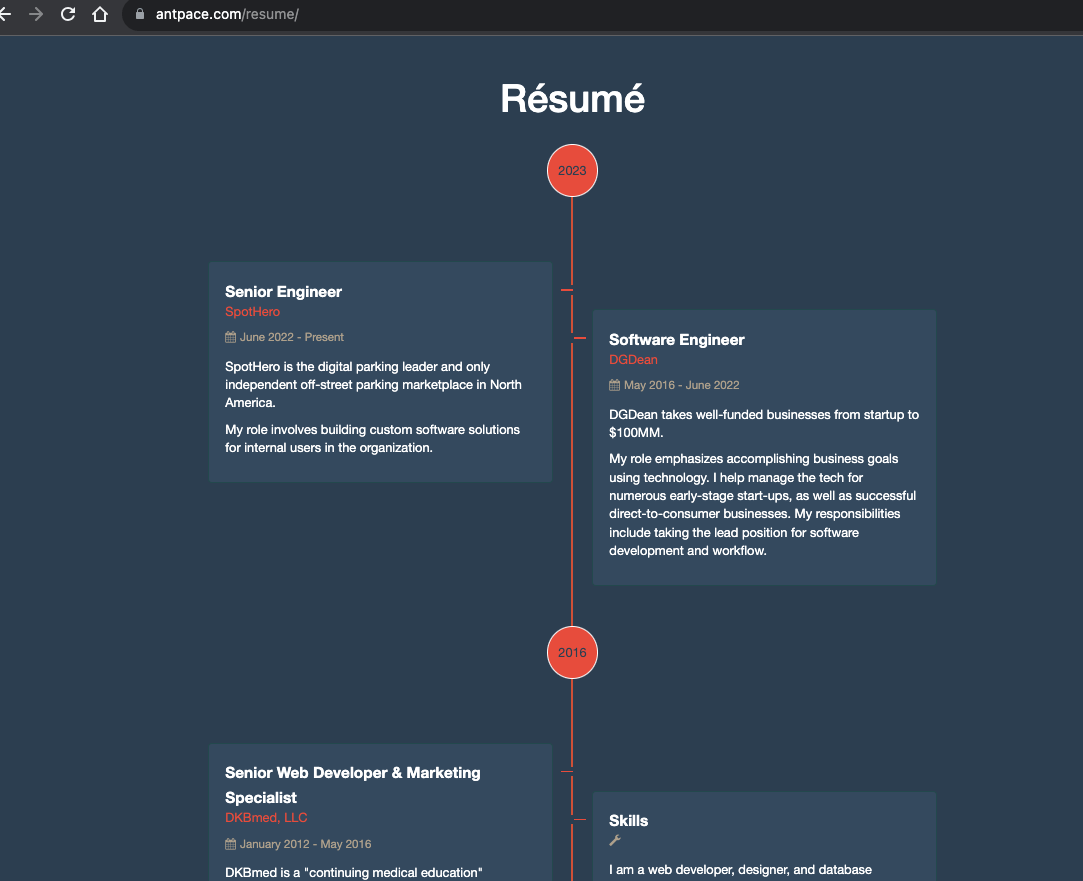 timeline displayed on a resume webpage