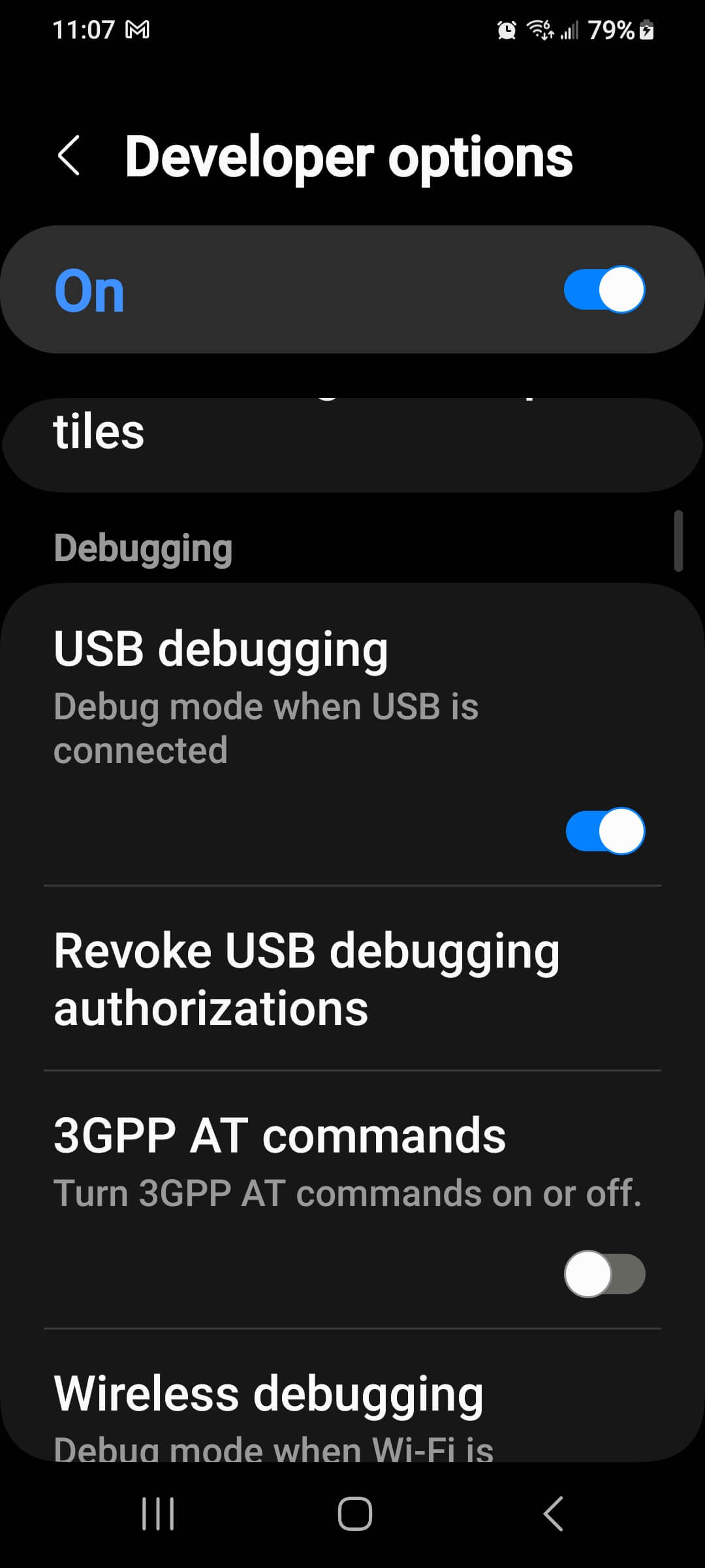 usb debugging in the developer options menu