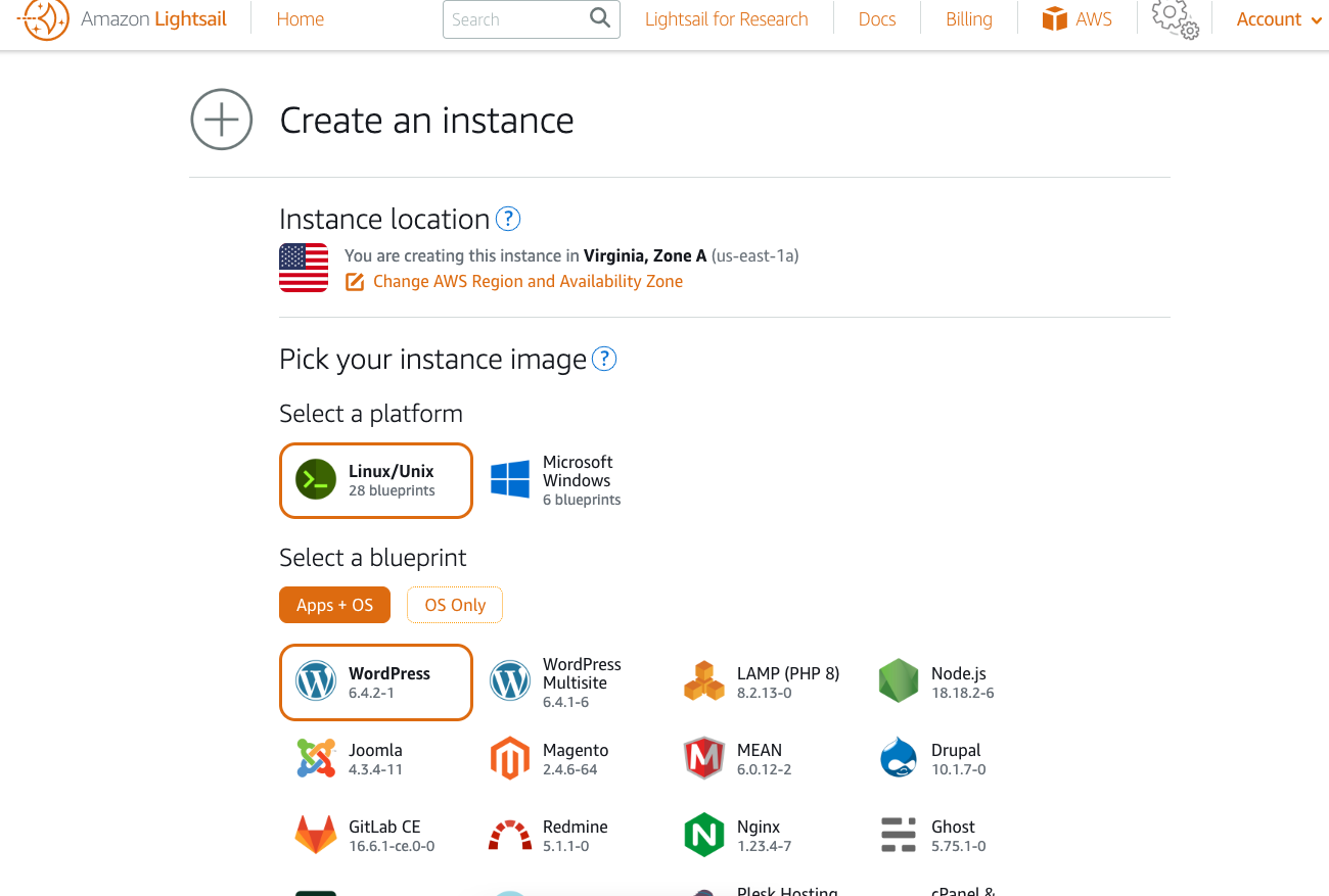selecting wordpress for aws lightsail