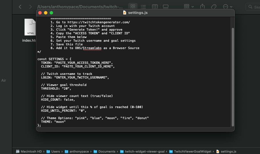 Screenshot showing customization options in settings file