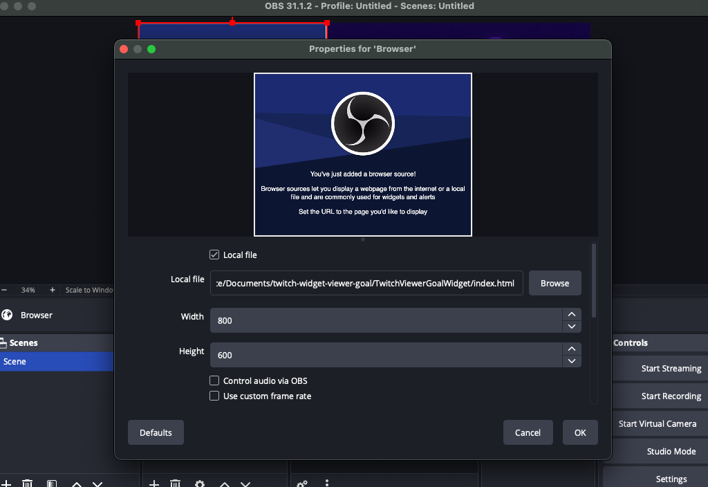 Screenshot showing how to add widget to OBS as a browser source